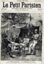 Marchand-Missionslager: Jean-Baptiste Marchand (1863-1934), Kapitän Baratier zu seiner Linken und Leutnant Victor Emmanuel Largeau (1867-1916) und Kapitän Germain zu seiner Rechten. In „Le Petit Parisien“ am 26.12.1897