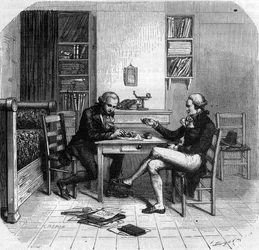 Maximilien de Robespierre 1758-1794, französischer Politiker, Mitglied des Wohlfahrtsausschusses mit Maurice Duplay in seinem Zimmer - Chambre de Maximilien de Robespierre chez Maurice Duplay (1736-1820) rue Saint-Honore a Paris - Gravur in „Histoire des G