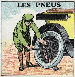 Mechanischer Antrieb: die Reifen eines Automobils. Anonyme Illustration von 1925. Private Sammlung.