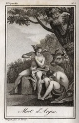 Merkur und Argus. Tod des Argus: Merkur spielte Flöte, um Argus einzuschläfern und die Nymphe Io zu befreien, die in eine Kuh verwandelt worden war. Gravur von 1819 in „Lettres a Emilie sur la mythologie“ von Charles Albert Demoustier (1760-1801)