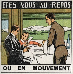 Bewegungen: Szene im Restaurant eines Zuges, in dem sich die Passagiere nicht bewegen, während der Zug fährt. Anonyme Illustration von 1925. Private Sammlung.