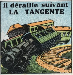 Bewegungen: Tangente. Zugentgleisung. Anonyme Illustration von 1925. Privatsammlung.