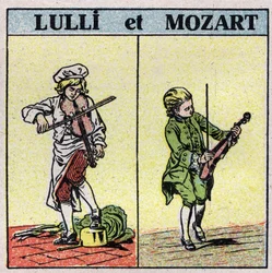 Musikinstrumente: gestrichene Saiteninstrumente. Jean Baptiste Lully (Giovanni Battista Lulli) (1632-1687) und Wolfgang Amadeus Mozart (1756-1791) spielen die Geige. Anonyme Illustration von 1925. Private Sammlung.