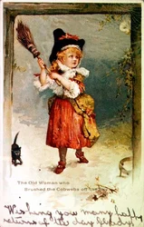 Alte Frau, die Spinnweben vom Himmel fegte