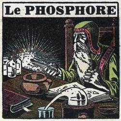 Phosphoreszenz: Phosphor. Ein Alchemist sucht in seinem Labor nach dem Stein der Weisen. Anonyme Illustration von 1925. Private Sammlung.