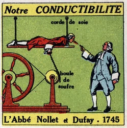 Physiologische Effekte der Elektrizität: Experimente von Abbe Jean Antoine Nollet (1700-1770) und Charles Francois Du Fay (1698-1739) im Jahr 1745 zur Leitfähigkeit des menschlichen Körpers. Anonyme Illustration von 1925. Private Sammlung.