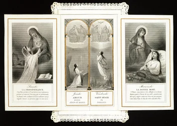Andachtsbild: Beharrlichkeit, Liebe zu Jesus und Maria, das Heilige Verlangen nach dem Paradies, der Gute Tod. Gezackte Karte im Triptychon. 19. Jahrhundert. Private Sammlung