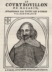 Politische Pamphlete Mazarinade (politisches Pamphlet unter der Schleuder), populäres Bild gegen Mazarin über seinen Rücktritt in Bouillon (Le court broth de Mazarin). Private Sammlung.