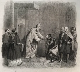 Papst St. Pius V. (1566-1572) empfängt den Sieger der Schlacht von Lepanto. Gravur von 1846 in Lives of the Saints. Private Sammlung