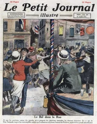 Volkstänze in den Straßen von Paris anlässlich des Nationalfeiertags am 14. Juli. Illustration aus „Le Petit Journal illustré“ vom 17.07.1921. Privatsammlung