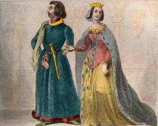 Porträt von Charlotte de Savoie (1441-1483) Königin von Frankreich, mit Ludwig XI. von Frankreich, genannt der Kluge (1423-1483). Gravur von 1859 in „Le Monde. Geschichte aller Völker von den frühesten Zeiten bis zur Gegenwart“ von M. E. de Lostalot-Bachou