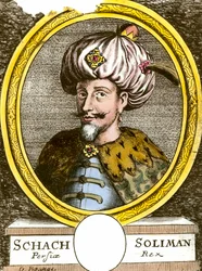 Porträt von Soliman (Suleyman) I. dem Prächtigen (1494-1566), Sultan des Osmanischen Reiches. Gravur des 18. Jahrhunderts. Privatsammlung