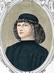 Porträt des italienischen Malers Giovanni Bellini genannt il Giambellino (1425/1433-1516), Gravur von 1859 in „the galleries of Europe - Italy“ von Armandaud. Private Sammlung