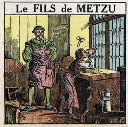Prismen und Linsen: Metzus Sohn. Der Niederländer Jacob Metzu (Jacques Metius) entdeckte 1609 zufällig das Teleskop, als er seinen Sohn mit konkaven und konvexen Gläsern spielen sah. Anonyme Illustration von 1925. Private Sammlung.