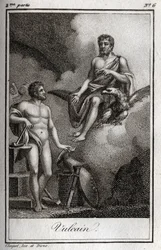 Darstellung von Vulkan, Gott des Feuers, der Schmiede und der Vulkane. Gravur aus 1819 in „Lettres à Emilie sur la mythologie“ von Charles Albert Demoustier (1760-1801). Private Sammlung