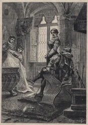 Rodrigo Borgia (Borja) umgeben von seinen Kindern (John oder Juan oder Cesar, Lucrece) im Haus von Vannozza Cattanei - Gravur aus 