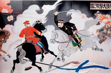 Russisch-Japanischer Krieg (1904-1905) Japanischer Druck, der die Schlacht zweier Reiter darstellt. Anfang des 20. Jahrhunderts