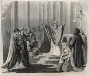 Saint Dunstan (ca. 909-988), Bischof von Canterbury, Benediktiner und Reformator des klösterlichen Lebens in England, kündigt seinen bevorstehenden Tod an. Gravur von 1846 in „Lives of the saints“. Private Sammlung.