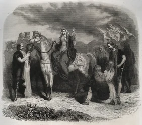 Heilige Radegunde (Radegunde von Poitiers, 519-587) verbrannte einen heidnischen Tempel und bekehrte die Gallier zum Christentum. Gravur von 1846 in Lives of the Saints. Private Sammlung