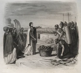 Die heilige Genoveva verteilte während der Belagerung von Paris durch die Armee der Hunnen von Attila im Jahr 451 (barbarische Invasionen) Nahrung an die Menschen. Gravur von 1846 in „Lives of the saints“. Private Sammlung