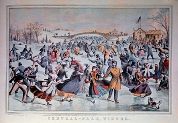 Schlittschuhlaufen auf dem zugefrorenen See im Central Park in New York City, USA. 19. Jahrhundert Private Sammlung