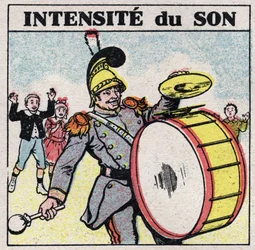 Schallenergie: intensiver Klang. Die große Trommel einer Militärkapelle. Anonyme Illustration von 1925. Private Sammlung.