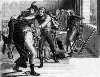 Selbstmord von Nicolas Joseph Beaurepaire (1792) nach der Entscheidung, Verdun an die Preußen zurückzugeben - Gravur in „Histoire des Girondins“ von Alphonse de Lamartine (1790-1869) 1865-1866 - Private Sammlung