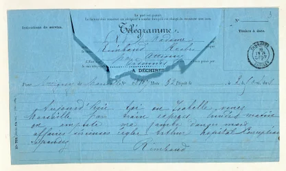 Telegramm von Rimbaud an seine Mutter, Marseille, 22. Mai