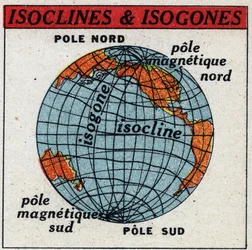 Terrestrischer Magnetismus: Magnetische Karte mit Isoklinen und Isogonen. Anonyme Illustration von 1925. Private Sammlung.