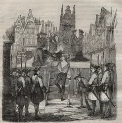 Der Chevalier François-Jean Lefebvre de La Barre (François Jean Lefebvre de La Barre) besteigt 1766 das Schafott. Stich in „Histoire des bagnes depuis leur création à nos jours“ (1877) von Pierre Zaccone (1817-1895) (Strafkolonie)