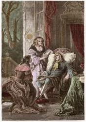 Der Herzog Francois de La Rochefoucauld (1613-1680), die Marquise Madame de Sevigne (1626-1696) und die Gräfin de La Fayette (1634-1693), französische Schriftsteller - Gravur von Hildebrand nach P. Philippoteaux