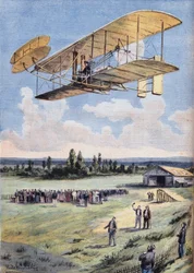 Die fliegenden Männer: die Erfahrungen von Wilbur Wright (1867-1912) über der Rennbahn Hunaudières, in der Nähe der Stadt Le Mans. Gravur aus der Zeitung „Le Peute Parisien“, am 30.08.1908. Private Sammlung.