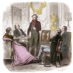 Die Girondisten bei Madame Roland - Treffen der Girondisten bei Madame Roland (Manon (Jeanne Marie) Roland Philipon) (1754-1793) - Gravur in „Histoire des Girondins“ von Alphonse de Lamartine (1790-1869) 1865-1866 - private Sammlung