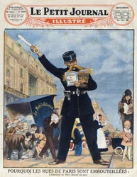 Die Pariser Bevölkerung nutzte einen Lieferwagen und einen Polizisten, der den Almanach las, anstatt den Verkehr zu regeln, aus „Le petit journal illustré“