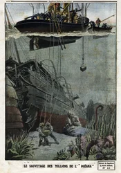 Die Rettung der Millionen der Oceana: Taucher tauchen vor Eastbourne, um die 18 Millionen Metall zu bergen, die der britische Liner nach Indien transportieren sollte. Gravur in „Le Petit Journal“, am 19.05.1912. Private Sammlung.