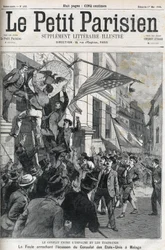 Der Spanisch-Amerikanische Krieg: die Menge reißt das Abzeichen des US-Konsulats in Malaga, Spanien im Jahr 1898 ab. Titelblatt von „Le Petit Parisien“ vom Mai 1898.