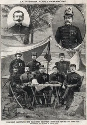 Die Voulet-Chanoine-Mission, französische Expedition zur kolonialen Eroberung des Tschad: Porträt von Leutnant Octave Meynier (1874-1961) und Oberst Arsène Klobb (1857-1899) mit unten links nach rechts: Leutnant Joalland, Sergeant Boutel, Doktor