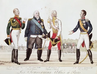 Die alliierten Souveräne: Alexander I. von Russland, Ludwig XVIII. von Frankreich, Franz II. von Österreich und Friedrich Wilhelm III. von Preußen während der Unterzeichnung der Allianz in Paris September 1815