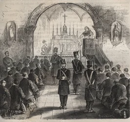 Die Kapelle des Toulon-Bagne im 19. Jahrhundert. Gravur in „Histoire des bagnes depuis leur création à nos jours“ (1877) von Pierre Zaccone (1817-1895). Private Sammlung.
