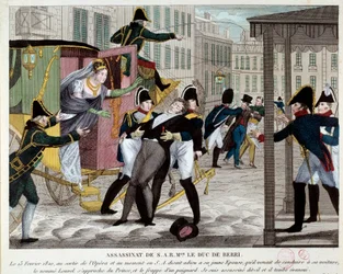 Der Tod von Charles Ferdinand de Bourbon, Herzog von Berry (1778-1820), am 13/02/1820 beim Verlassen der Königlichen Musikakademie. Der Neffe König Ludwigs XVIII. wurde an der Oper von Louvel ermordet, einem Republikaner, der die königliche Dynastie