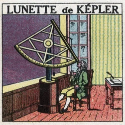 Die ersten optischen Instrumente: astronomisches Fernrohr von Johannes Kepler (Keppler) (1571-1630), um 1615 erfunden. Anonyme Illustration von 1925. Privatsammlung.