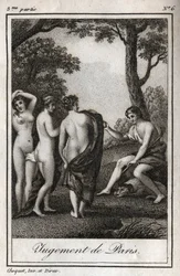 Das Urteil des Paris. Der Hirte Paris muss entscheiden, wem er den goldenen Apfel überreicht, um die Schönste der drei Göttinnen, Athena, Aphrodite oder Hera, zu bestimmen. Gravur von 1819 in „Lettres a Emilie sur la mythologie“ von Charles Albert Demousti