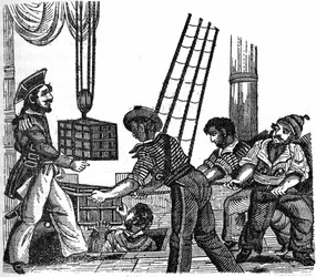 Der Pirat "Long Ben" John Avery, der 1643 starb, lud drei Kisten mit Schätzen, Gold und Steinen, auf sein Schiff. Stich aus "The Pirates Own Book", 1837.