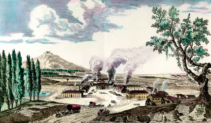 Die königliche Gießerei in Le Creusot (Saône-et-Loire) im Jahr 1787. Sie stellte unter anderem die Bewaffnung der französischen Armee her. Gravur aus dem 18. Jahrhundert. Private Sammlung