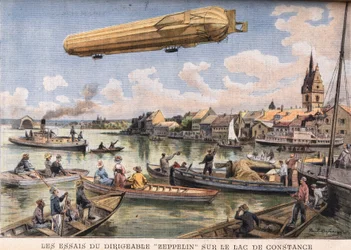 Die Tests des Zeppelin-Luftschiffs auf dem Bodensee in Deutschland. Gravur aus der Zeitung 