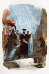 Tomás de Torquemada (1420-1498), Dominikanermönch und Organisator der Inquisition in Spanien. Farbgravur des 19. Jahrhunderts. Illustration in „Mystères de l