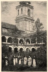 Ansicht des Dominikanerklosters in Quito, Ecuador. Gravur in „Les Missions Catholiques au XIXème Siècle“ von Louis-Eugène Louvet. Private Sammlung.