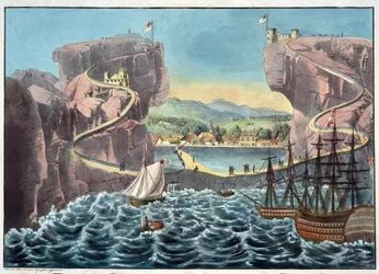 Ansicht der Insel St. Helena von der Landungsstelle in der Nähe von Fort James