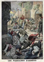 Erster Weltkrieg, Armenischer Völkermord, Zerstörung der armenischen Bevölkerung durch osmanische Türken, Illustration aus der französischen Zeitung Le Petite Journal, 12. Dezember