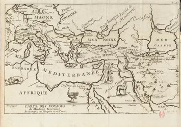 Karte von Taverniers Reisen in Europa, Persien, Türkei, 17. Jahrhundert